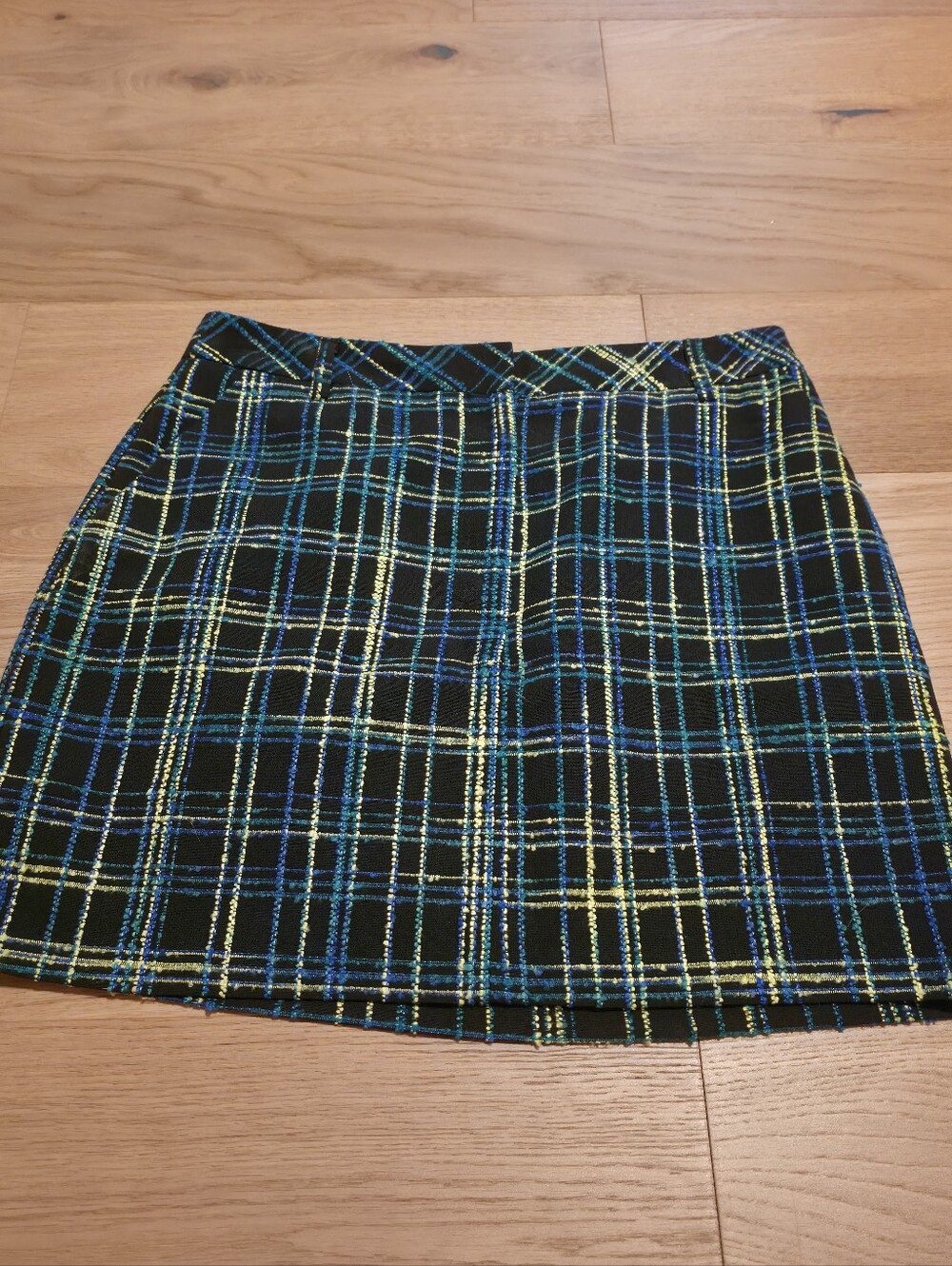 Topshop Black Plaid Mini Skirt with Blue & Yellow Pinstripes